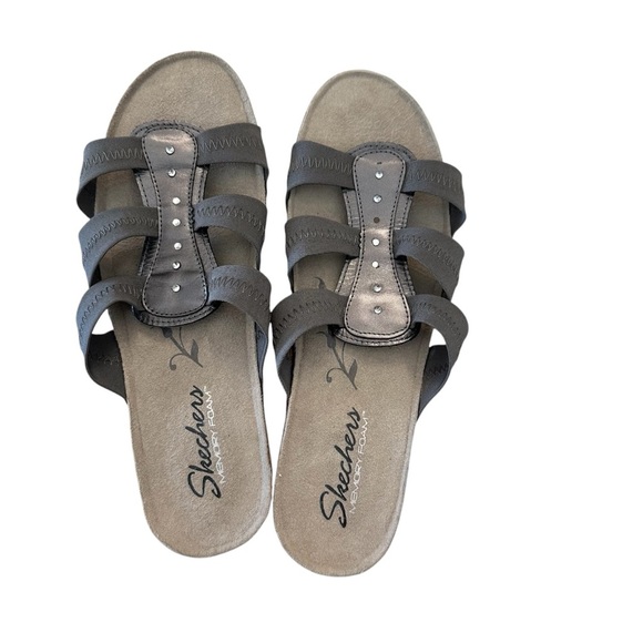 Skechers Memory Foam Women’s Pewter Slip On Textile/Leather Sandals Sz 10 GUC - Picture 1 of 11
